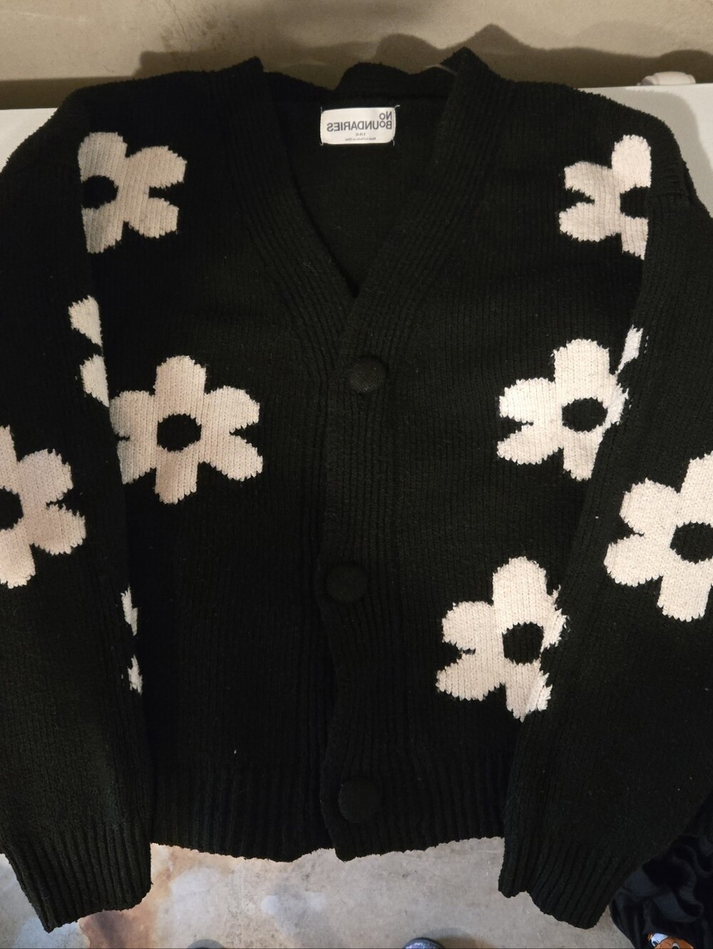 No Boundaries Black Cardigan with Cream Floral Knit
